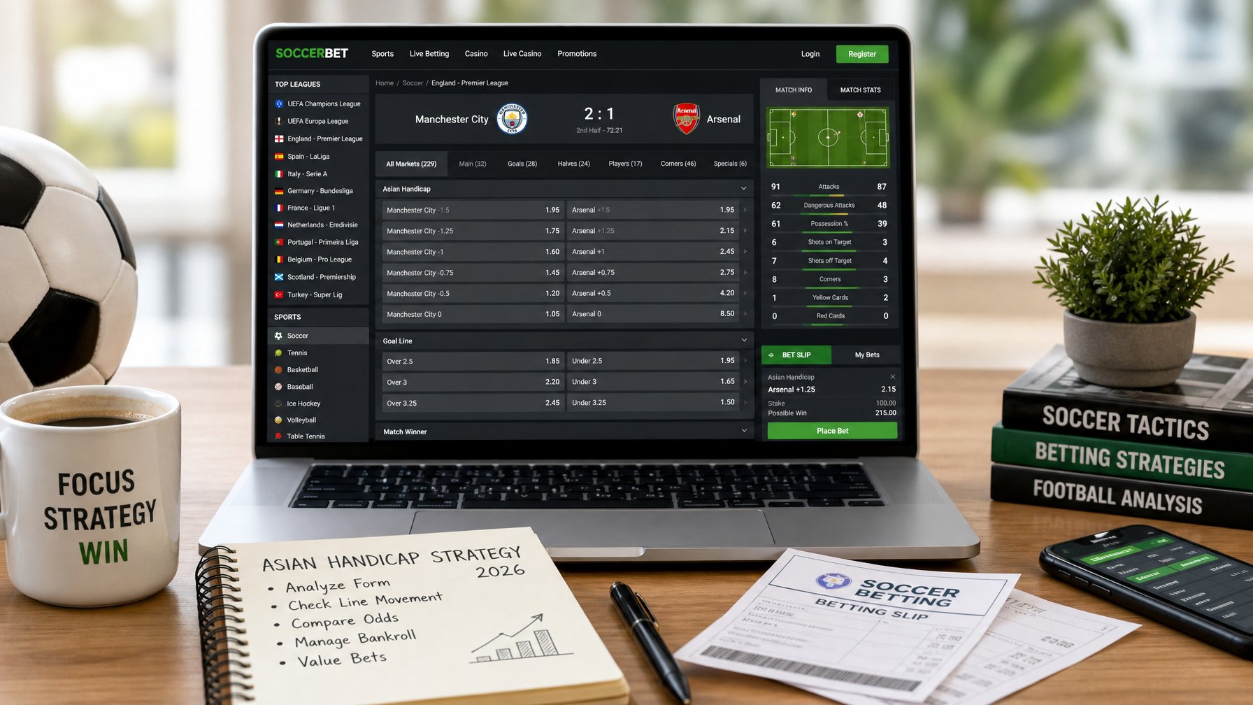 Seseorang sedang menggunakan komputer dengan tampilan situs taruhan bola online yang menampilkan strategi handicap Asia dan statistik pertandingan sepak bola.