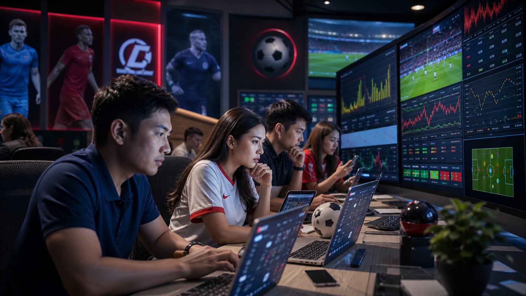 Orang-orang menggunakan komputer dan ponsel untuk memasang taruhan olahraga secara online dengan tampilan layar yang menunjukkan data taruhan secara langsung.