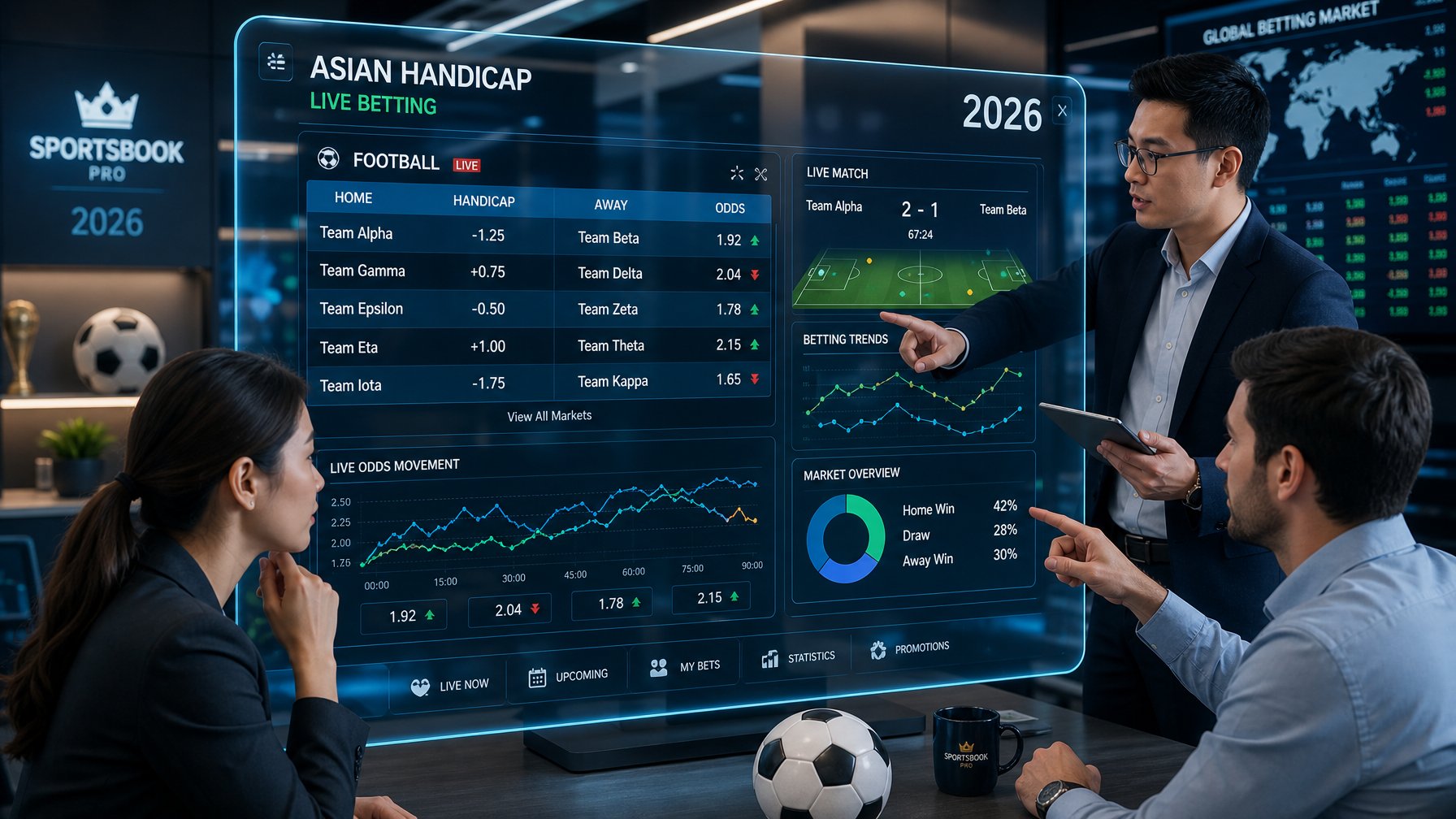 Beberapa profesional sedang melihat layar besar yang menampilkan data taruhan olahraga langsung dengan grafik dan angka di sebuah kantor modern.