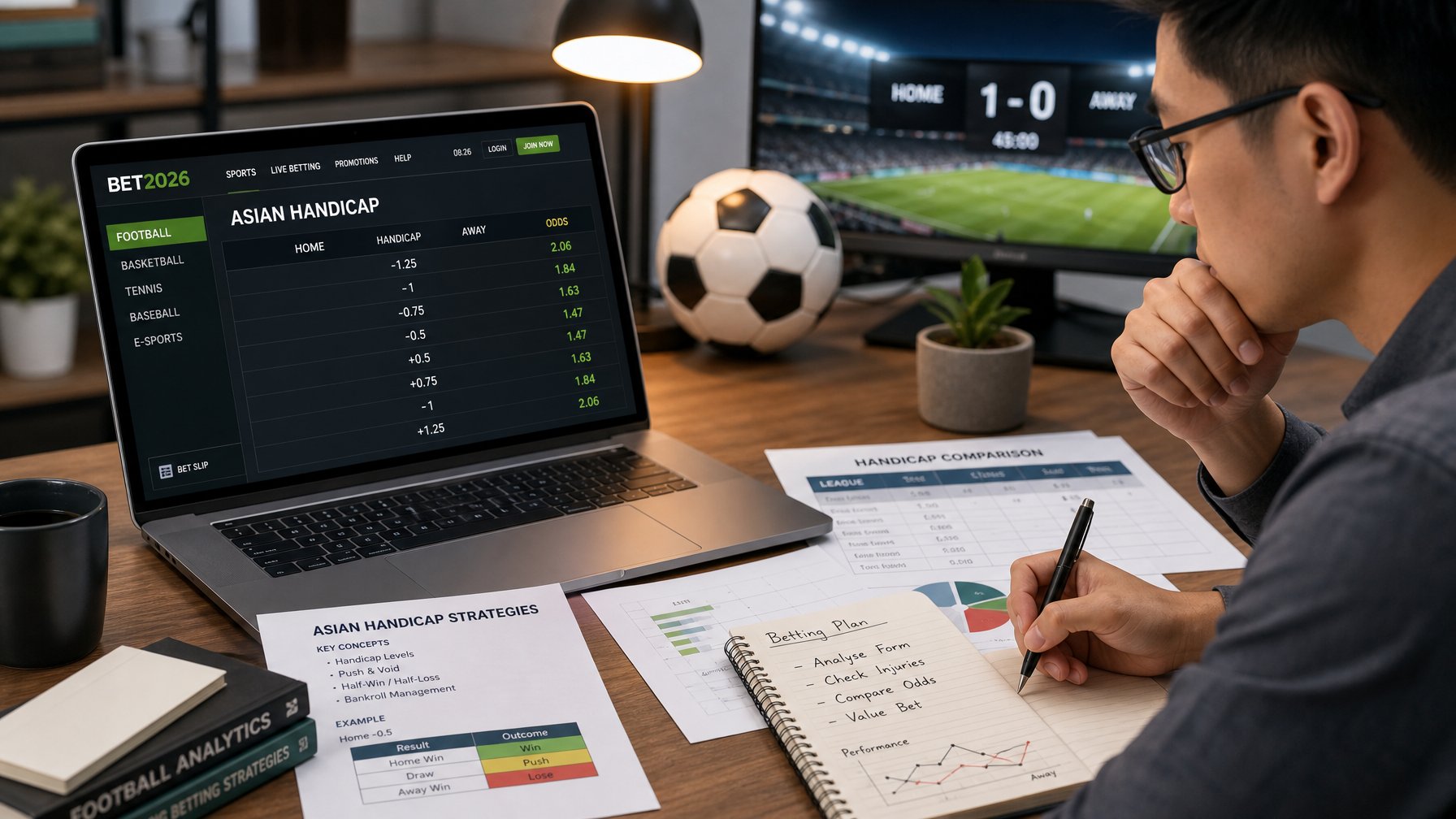 Seorang pria sedang menganalisis data taruhan sepak bola di depan laptop dengan catatan dan grafik di meja.