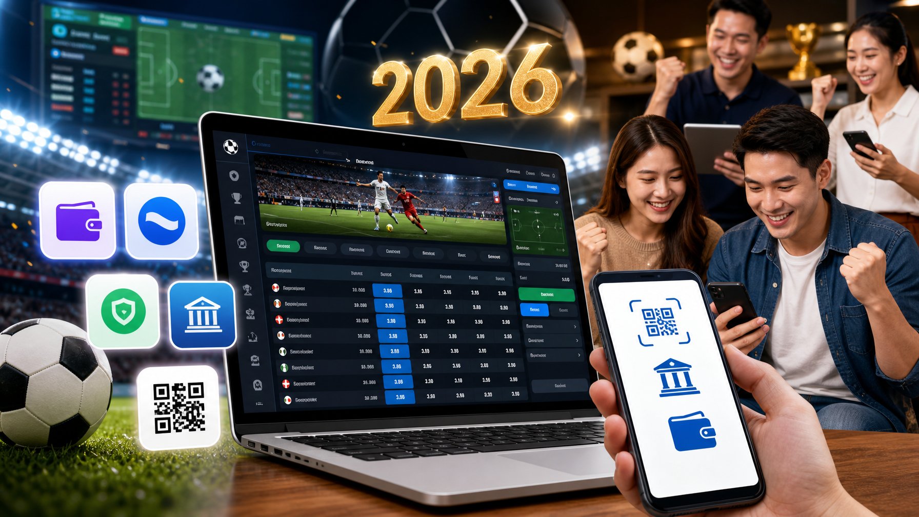 Orang-orang menggunakan laptop dengan tampilan taruhan sepak bola dan ikon pembayaran digital di sekitar mereka.
