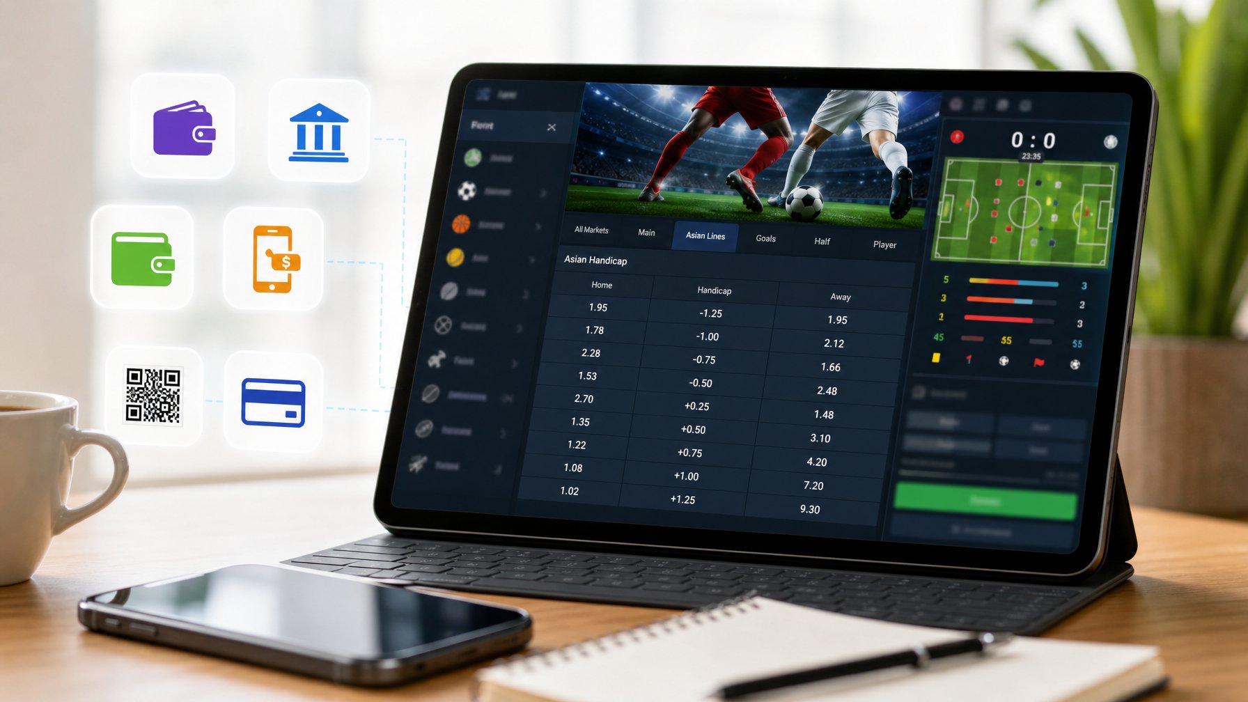 Seorang pengguna sedang melihat layar perangkat digital yang menampilkan dashboard taruhan olahraga dengan opsi Handicap Asia dan berbagai metode pembayaran seperti e-wallet, bank, dan QRIS di meja kerja.