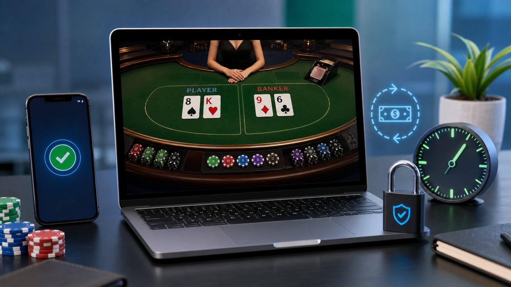 Seorang pemain menggunakan komputer dengan tampilan permainan baccarat online dan ikon transaksi cepat di sekitar perangkat.