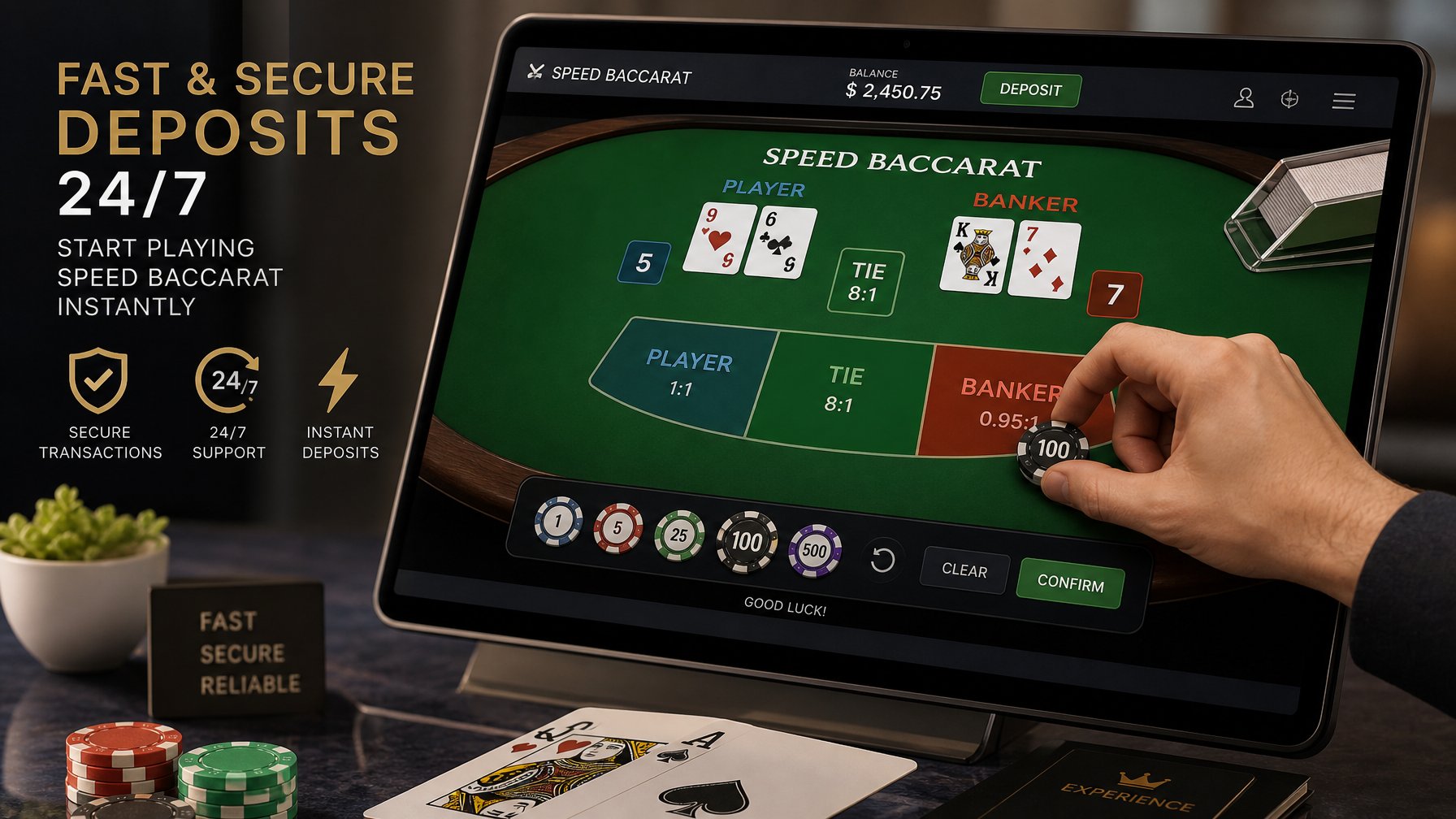 Tangan yang sedang menempatkan chip pada meja baccarat digital di layar komputer dalam suasana kasino modern.