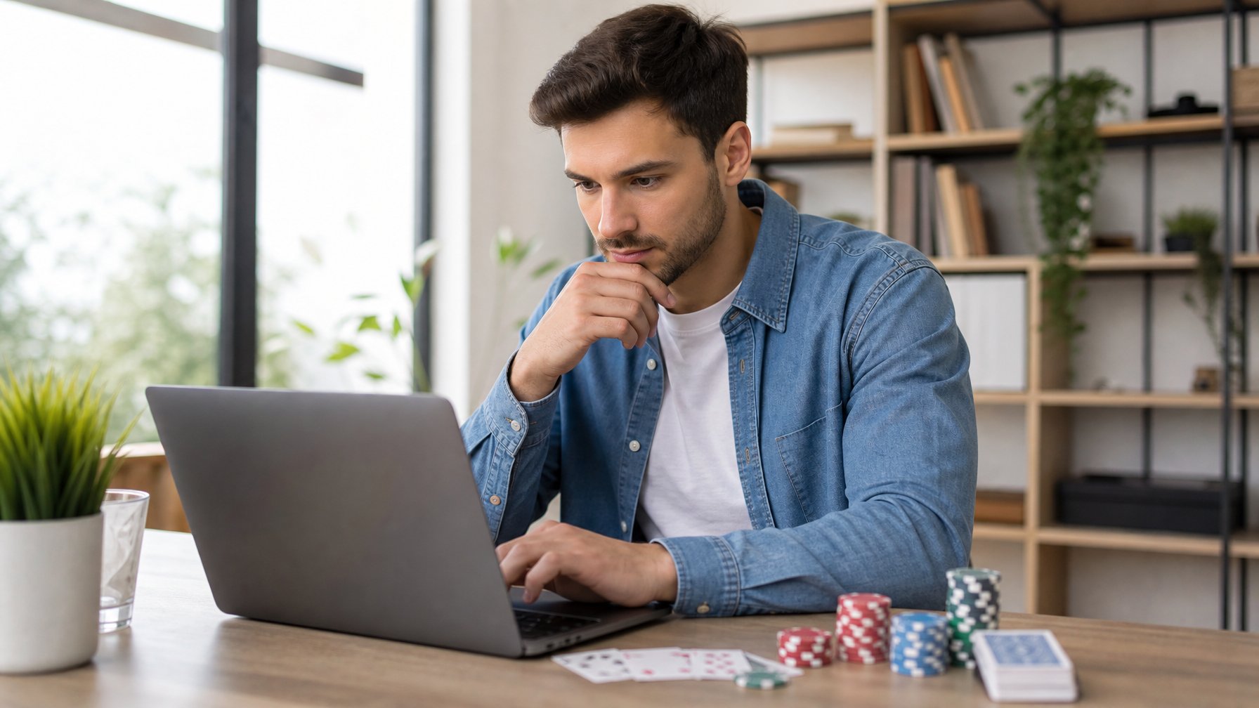 Seorang pria muda duduk di meja dengan laptop, sedang memilih permainan baccarat online di ruang kerja yang terang dan rapi.