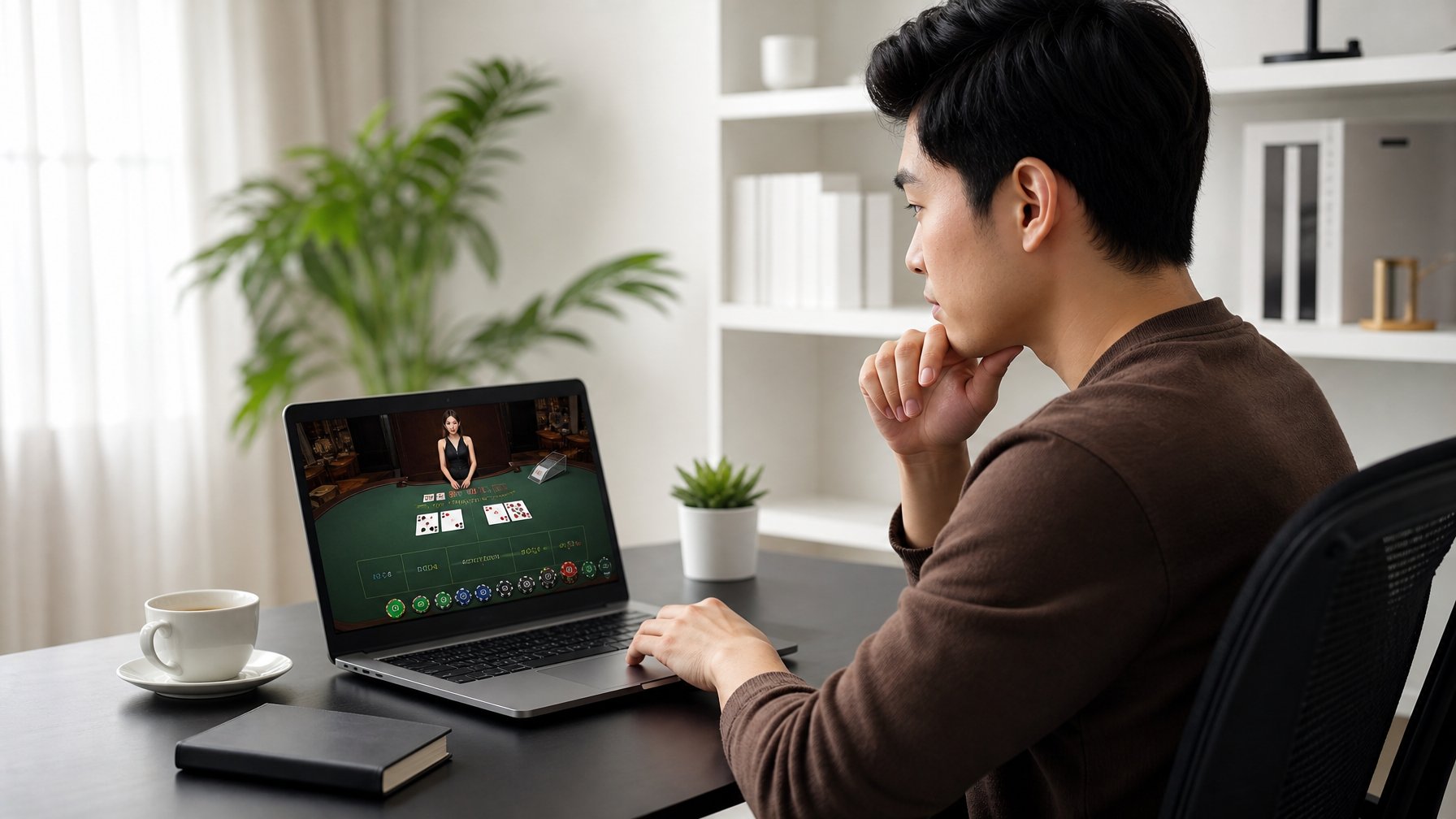 Seorang pria muda sedang duduk di depan laptop di ruang kerja rumah, fokus memilih situs bandar speed baccarat online.