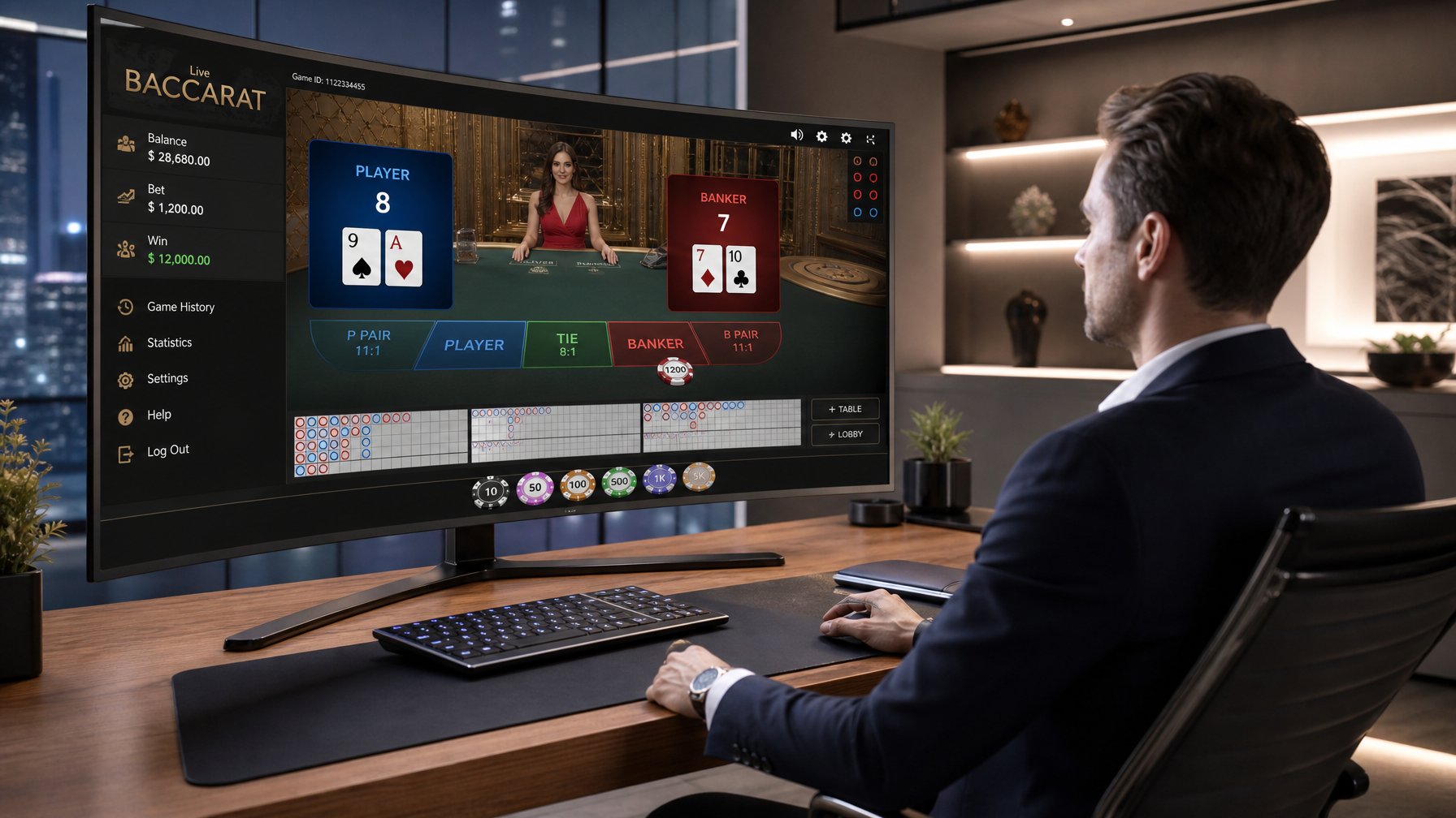 Seseorang yang percaya diri sedang bermain baccarat online di komputer modern di ruang kerja yang rapi dan terang.