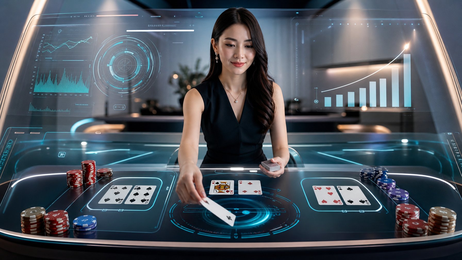 Suasana permainan Speed Baccarat online dengan layar sentuh digital menampilkan kartu dan chip di ruangan modern yang terang dan bersih.