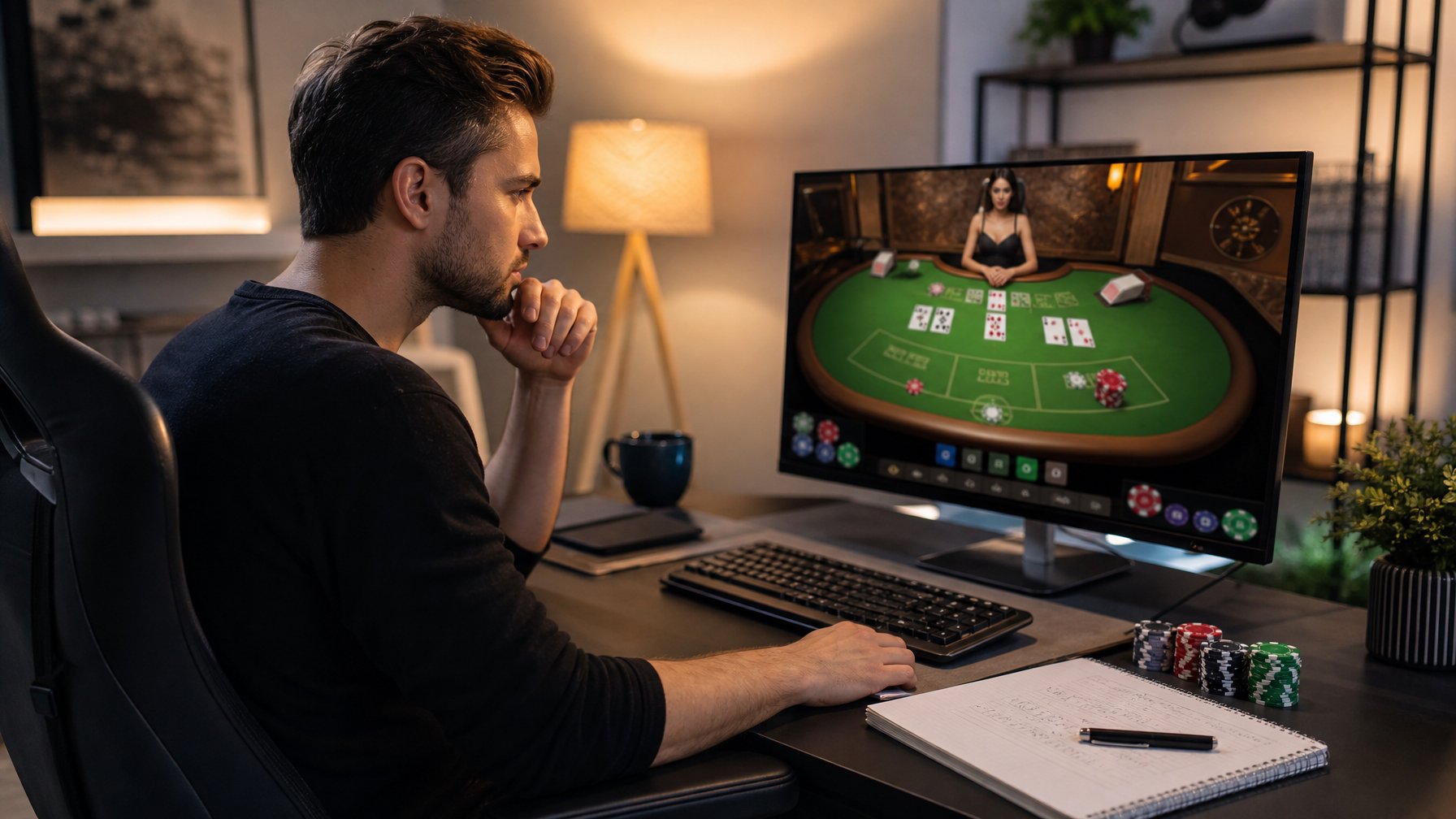 Seseorang duduk di depan komputer dengan tampilan permainan baccarat online, terlihat fokus dan sedang menganalisis strategi bermain.