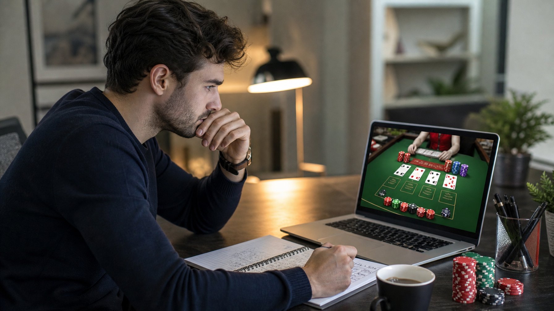 Seorang pria muda fokus duduk di depan laptop yang menampilkan permainan baccarat online dengan catatan dan alat tulis di meja.