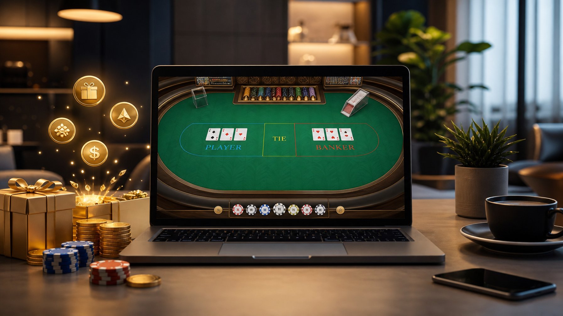 Seseorang menggunakan laptop dengan tampilan permainan baccarat online, dikelilingi koin emas dan suasana nyaman di meja kerja.