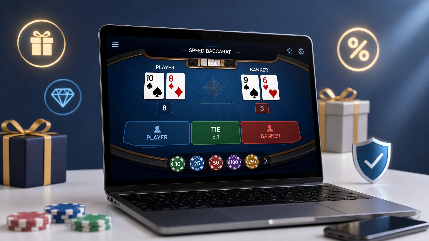 Seorang pengguna sedang bermain permainan baccarat online di komputer dengan tampilan antarmuka permainan dan ikon bonus di sekitar layar.