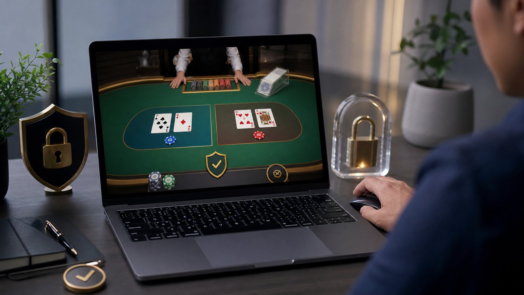 Seorang pemain menggunakan komputer dengan tampilan meja baccarat digital yang aman dan terpercaya.