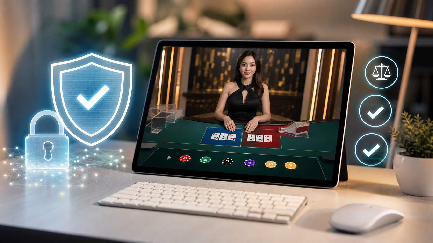 Sebuah layar komputer menampilkan permainan Speed Baccarat online dengan simbol keamanan dan kepercayaan di sekitarnya.