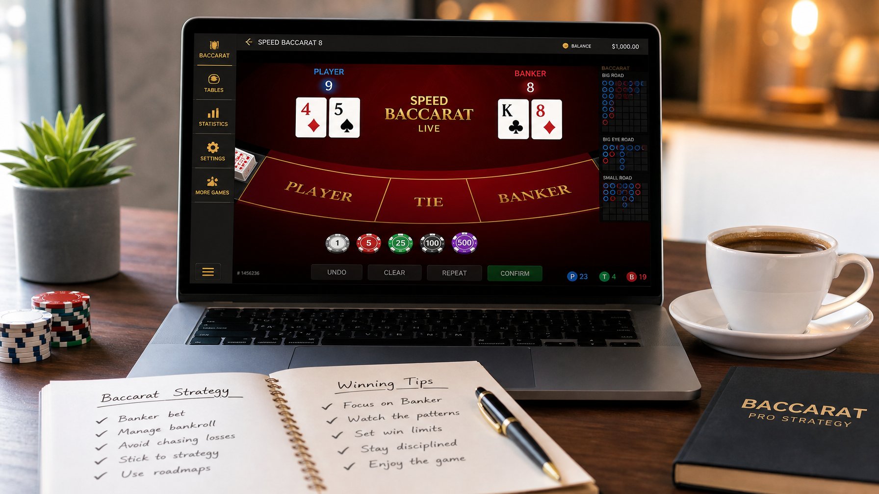 Seorang pemain sedang menggunakan laptop dengan tampilan permainan baccarat online, di meja terdapat catatan dan cangkir kopi.