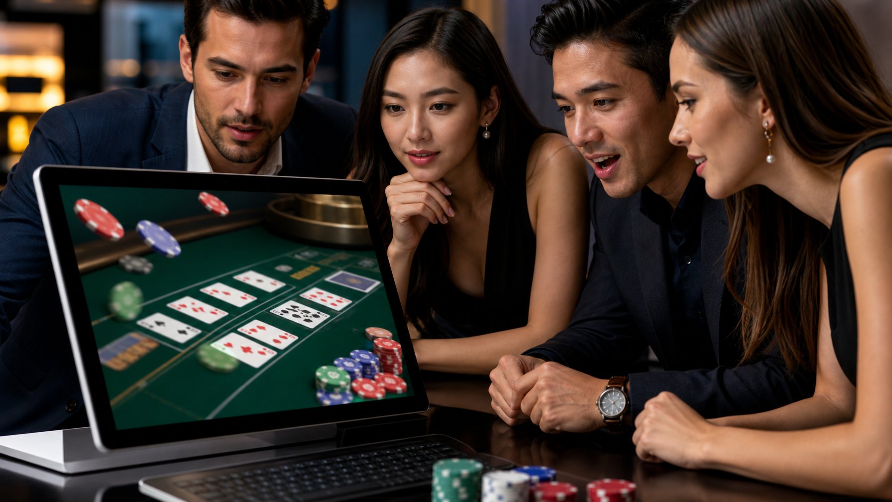 Beberapa orang bermain permainan speed baccarat online dengan meja digital dan kartu di layar komputer.