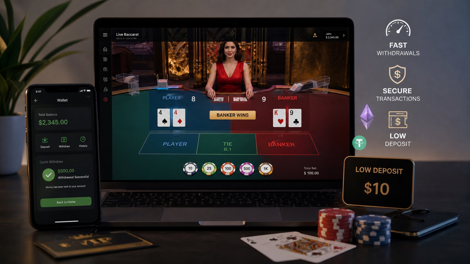 Seseorang menggunakan laptop dengan tampilan permainan baccarat online dan ikon transaksi cepat di sekitarnya.