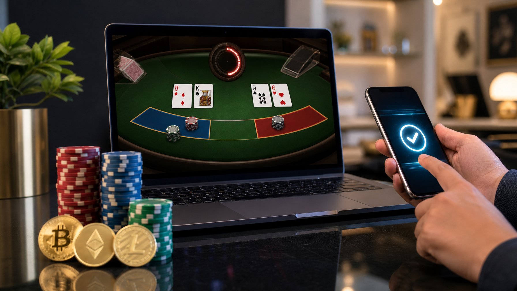 Seorang pemain menggunakan laptop dan smartphone untuk bermain speed baccarat online dengan tumpukan chip dan simbol transaksi cepat di meja yang rapi.