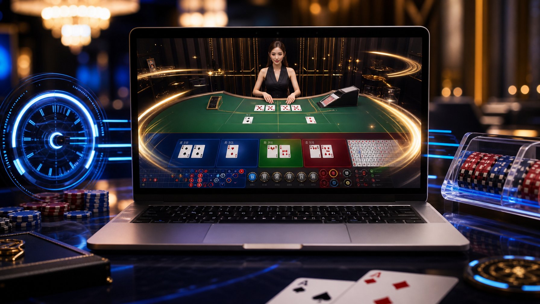 Sebuah meja dengan komputer yang menampilkan permainan baccarat online cepat, dikelilingi oleh elemen yang menunjukkan kecepatan dan suasana kasino.