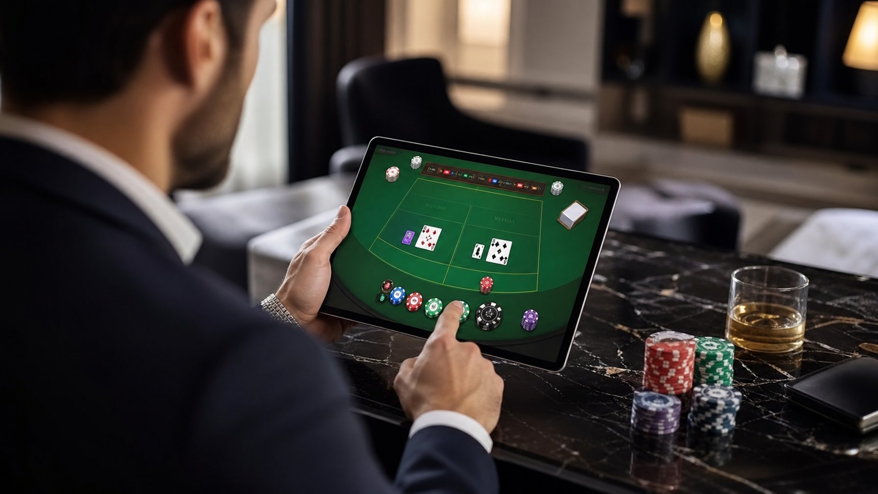 Seseorang menggunakan perangkat digital untuk bermain permainan baccarat online dengan latar belakang ruangan yang modern dan nyaman.