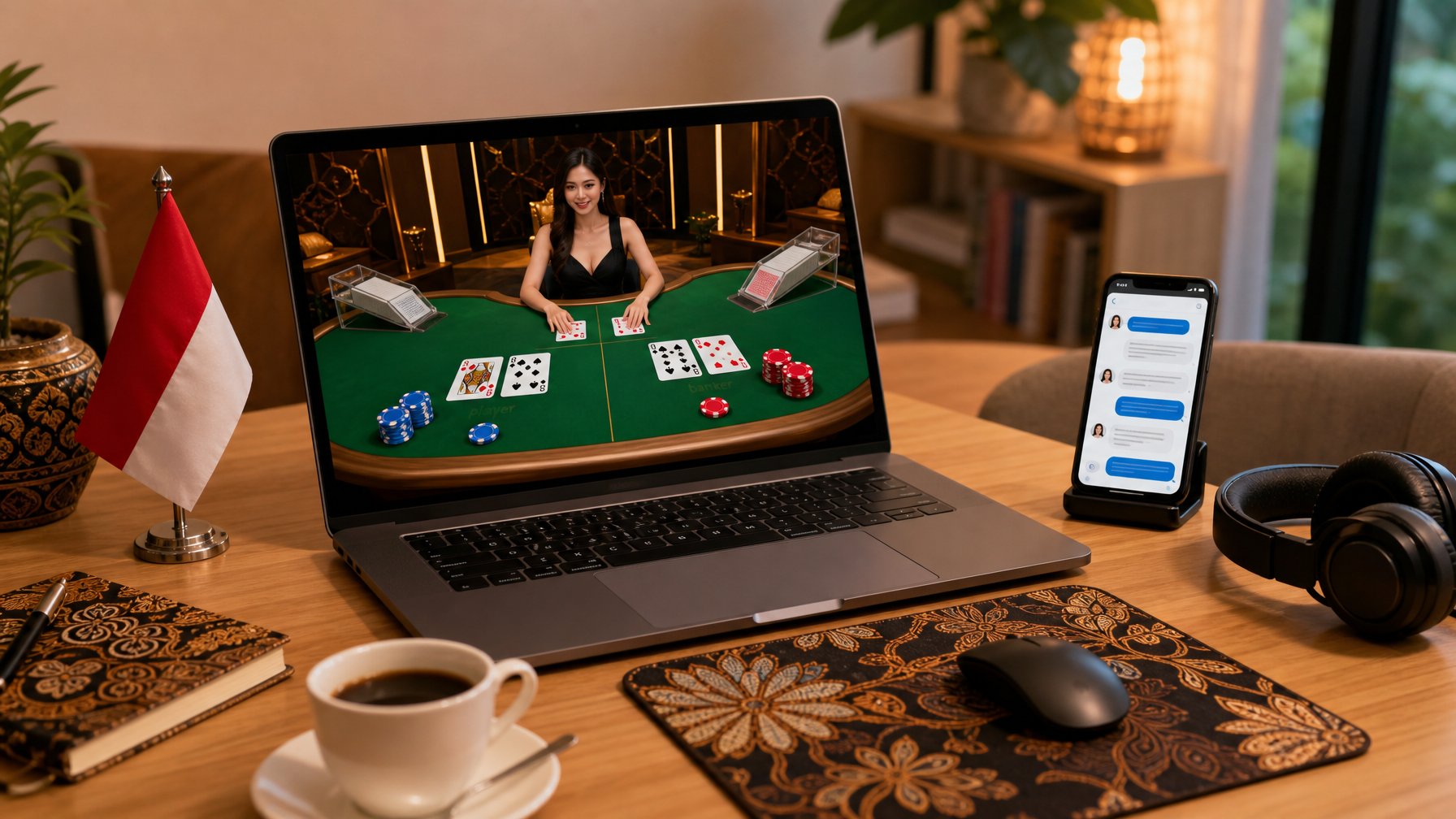 Seorang pemain sedang menggunakan komputer dengan tampilan permainan baccarat online, di meja terdapat cangkir kopi dan ponsel yang menunjukkan layanan pelanggan 24 jam.