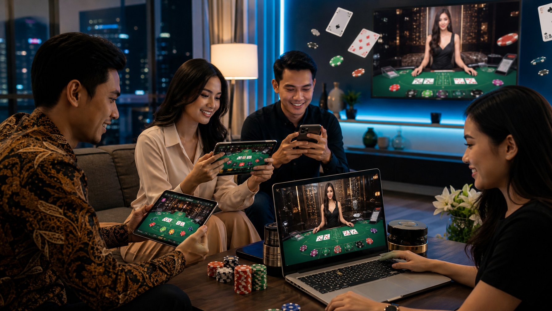 Beberapa orang Indonesia bermain permainan Speed Baccarat online menggunakan laptop dan ponsel di ruangan modern yang terang dengan suasana nyaman dan profesional.
