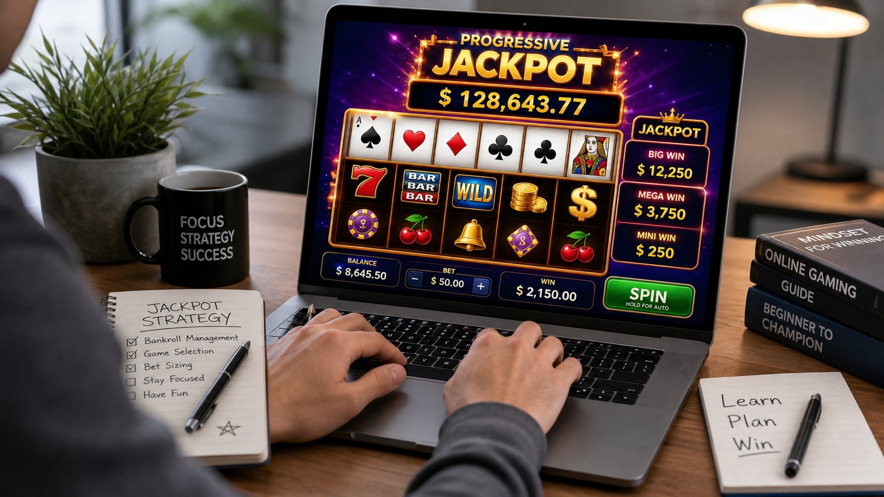 Seorang pengguna sedang bermain permainan jackpot progresif online di komputer dengan meja yang rapi dan alat tulis di sekitarnya.