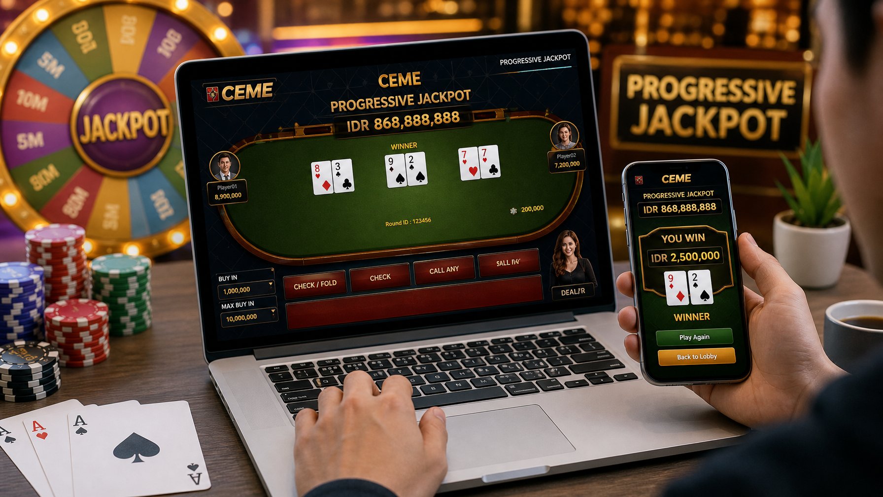 Seorang pemain menggunakan laptop dan ponsel untuk bermain permainan kartu online dengan latar belakang chip poker dan kartu remi.