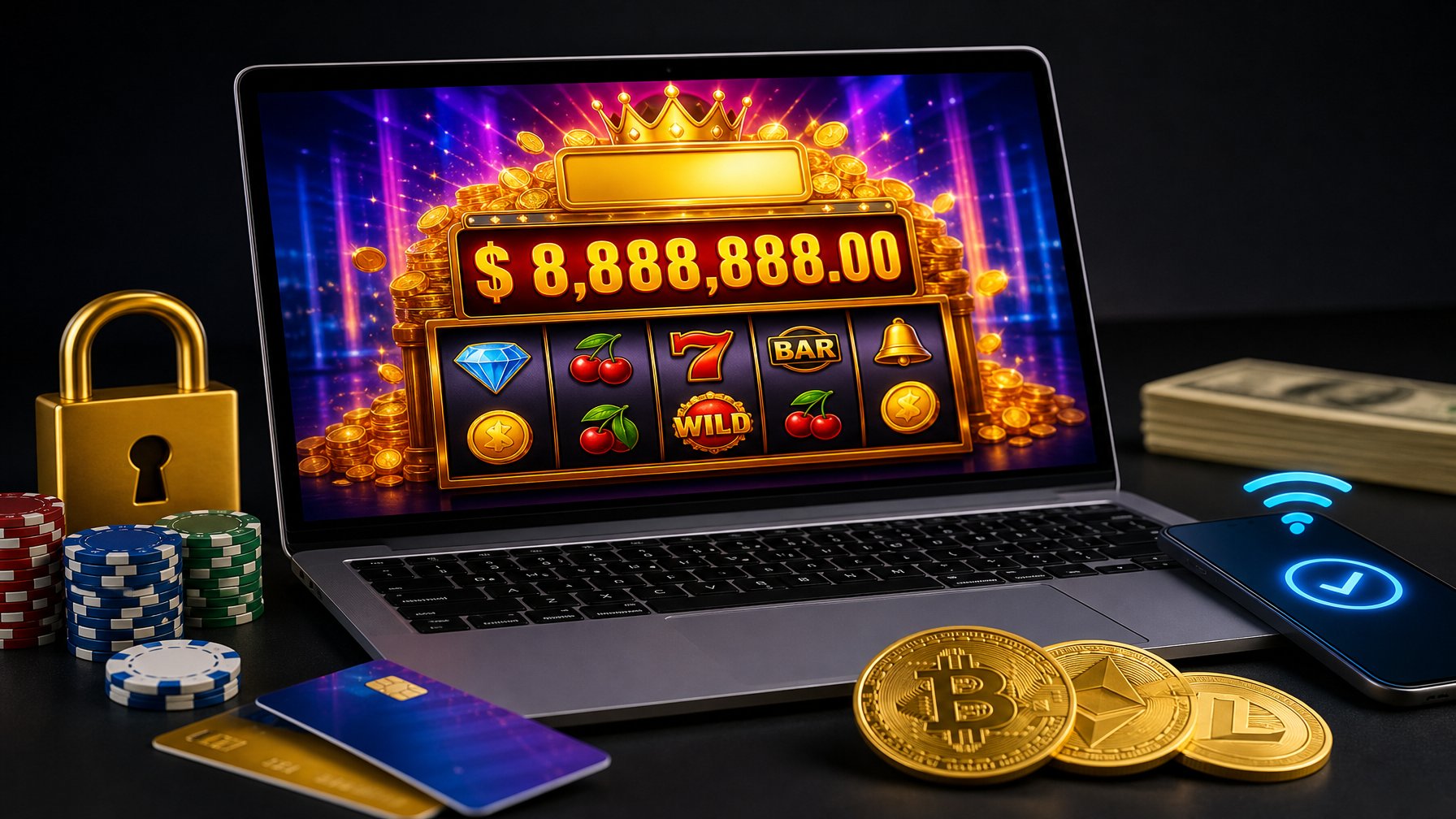 Seseorang menggunakan komputer dengan tampilan permainan jackpot progresif online dan simbol pembayaran cepat di sekitarnya.