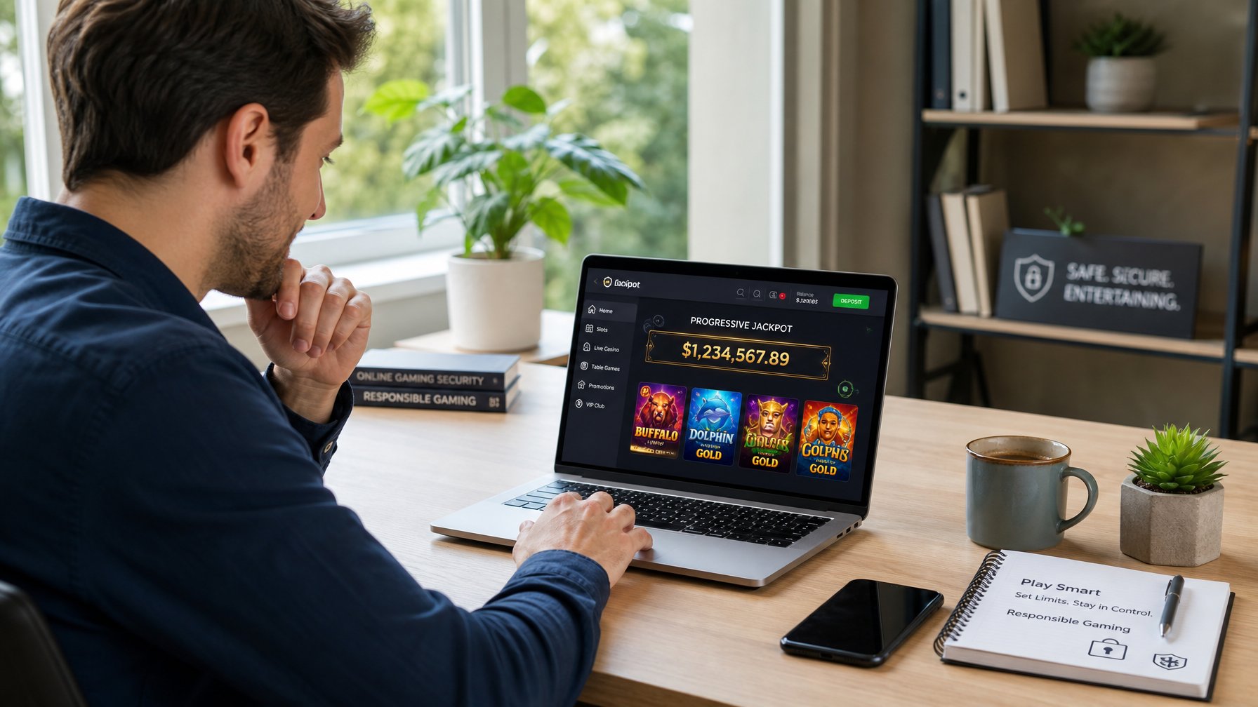 Seorang pria muda duduk di meja modern menggunakan laptop dengan tampilan platform judi online di layar.