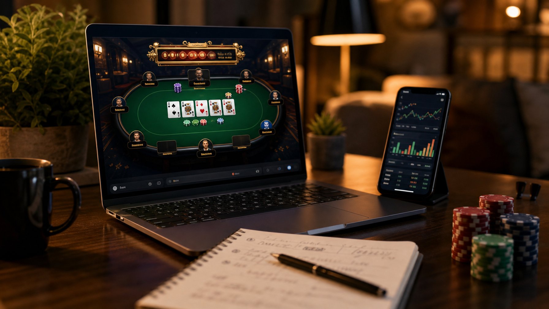 Seorang pemain duduk di depan laptop dengan layar permainan kartu online dan catatan strategi di meja.