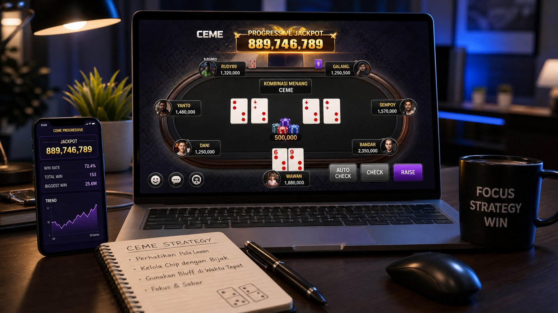 Seorang pemain sedang menggunakan laptop dengan tampilan permainan kartu online Ceme Progressive Jackpot, dikelilingi oleh aksesori permainan dan catatan strategi.