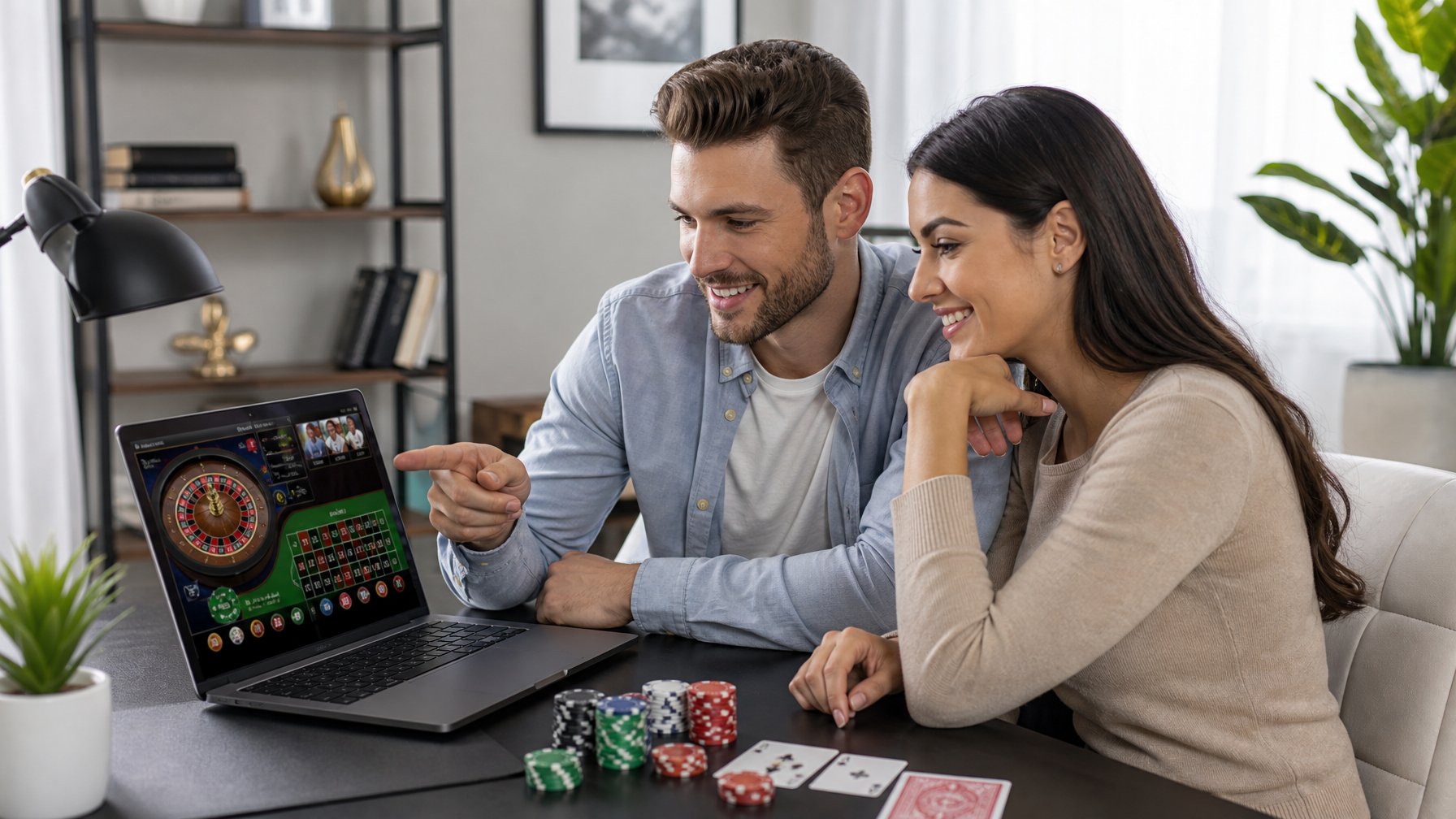 Seorang pria dan wanita muda duduk bersama di meja modern, fokus melihat layar laptop yang menampilkan situs judi online yang aman dengan elemen jackpot dan taruhan.