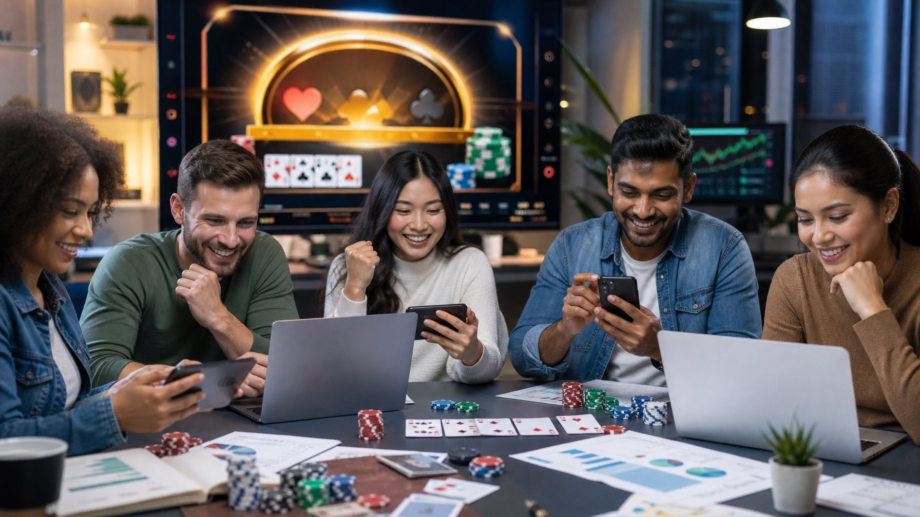 Sekelompok orang bermain permainan kartu jackpot progresif online menggunakan laptop dan ponsel di ruangan modern.