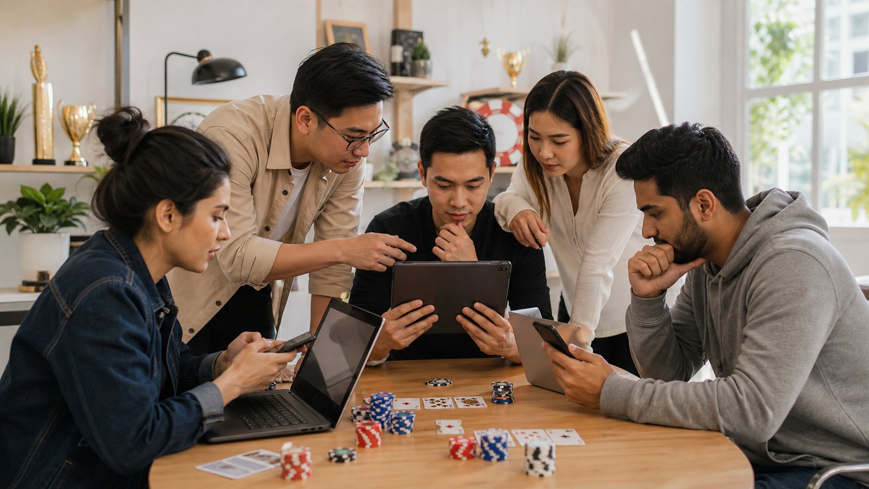 Beberapa orang sedang bermain permainan kartu online Ceme Progressive Jackpot menggunakan laptop, tablet, dan ponsel di ruang yang terang dan nyaman.