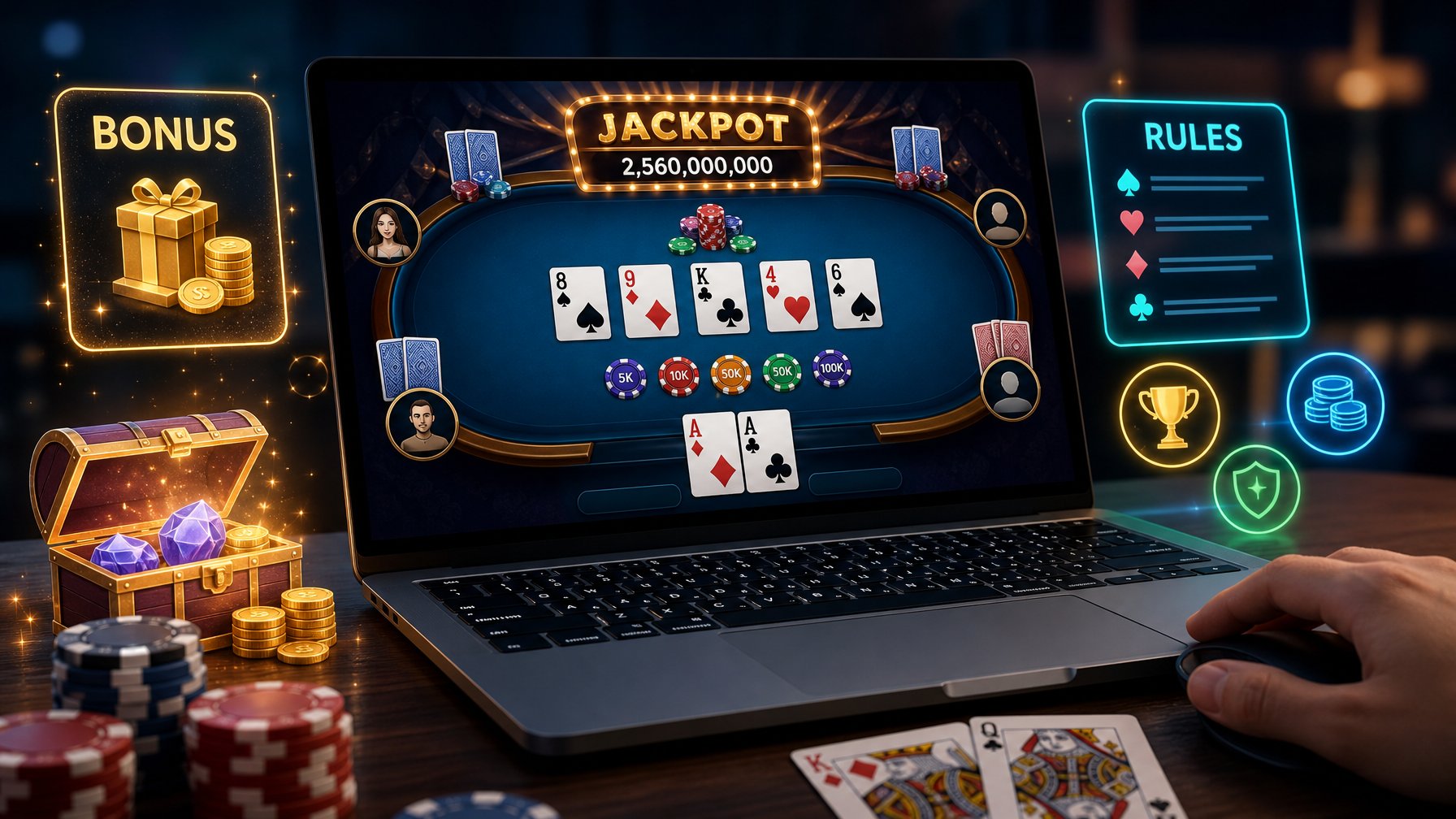 Seseorang sedang bermain permainan kartu online di depan komputer dengan tampilan jackpot progresif dan simbol bonus di layar.
