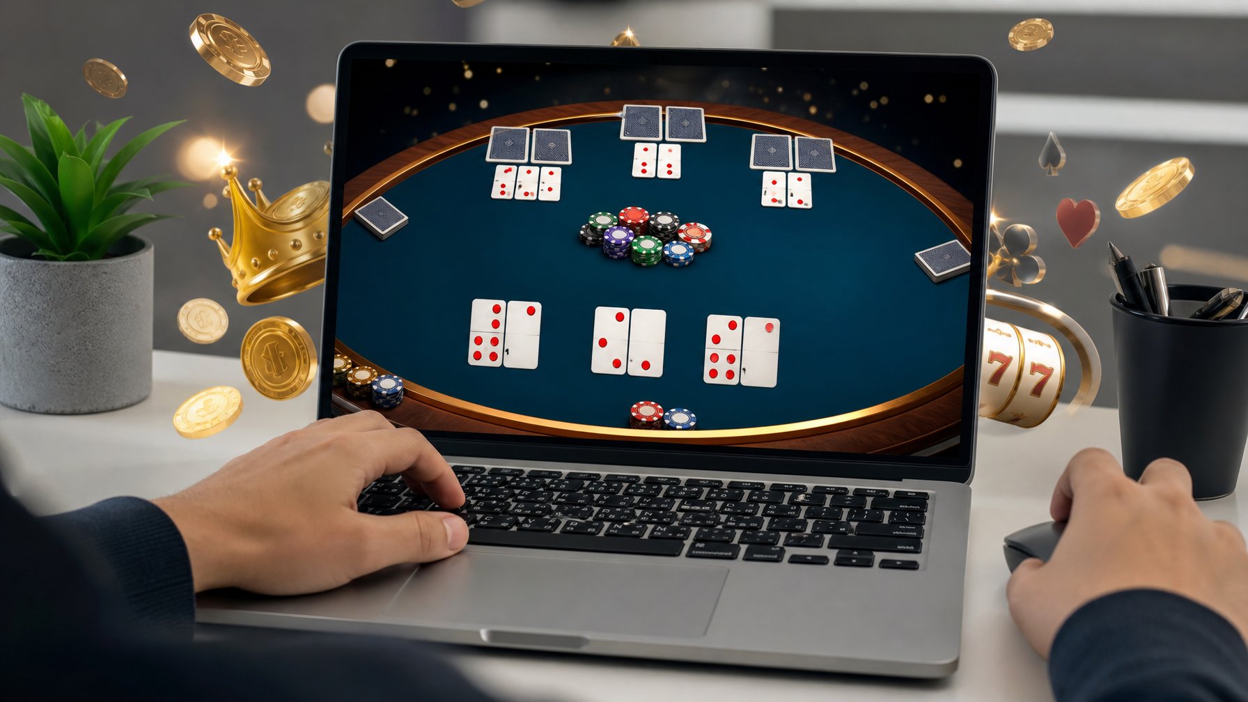 Tangan seseorang sedang bermain permainan Ceme online di sebuah laptop di atas meja yang rapi dengan simbol koin dan jackpot digital di latar belakang.