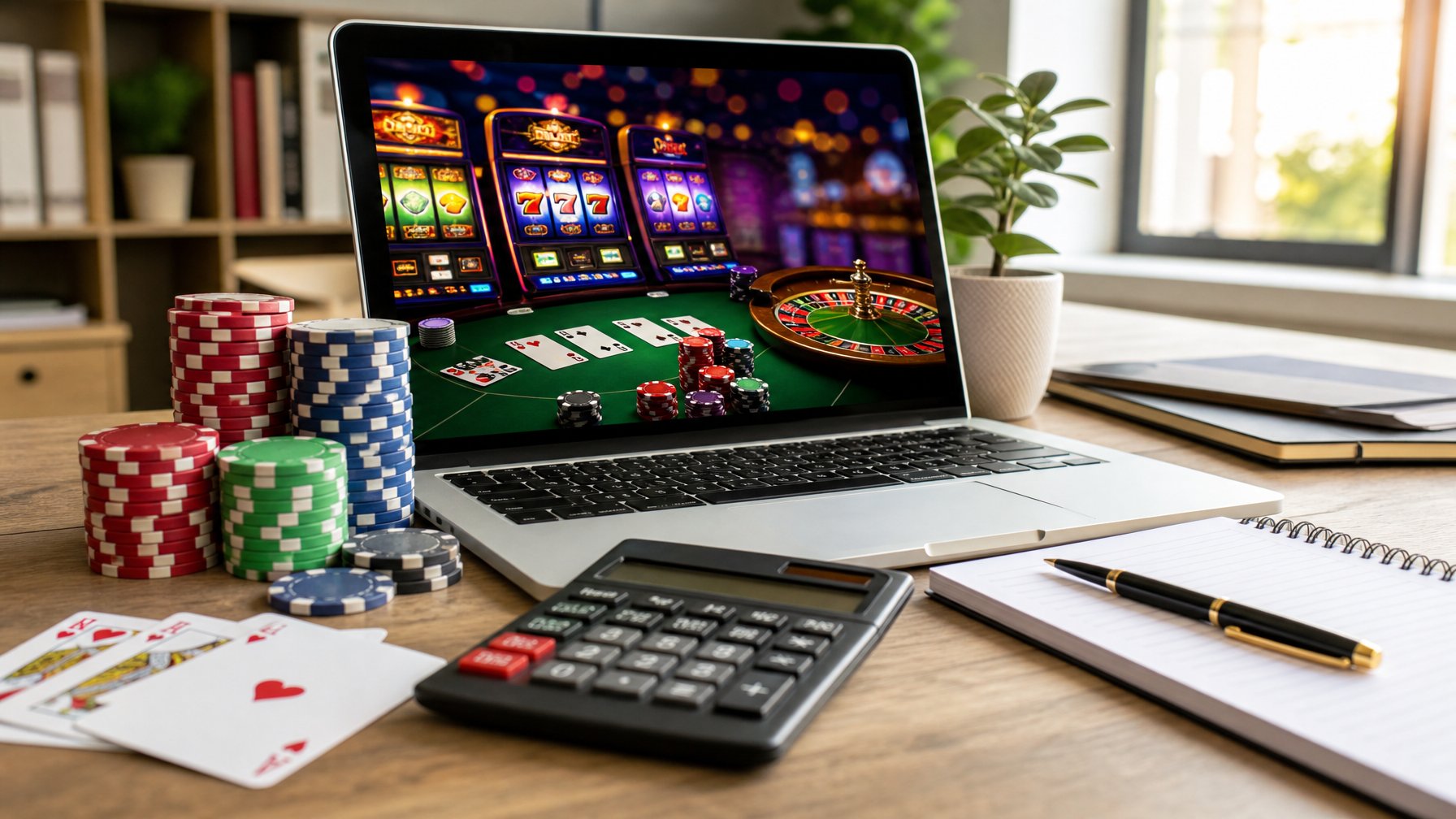 Seorang pria duduk di depan komputer dengan layar menampilkan permainan kasino online, dikelilingi oleh chip poker, kartu remi, dan kalkulator di meja kerja.