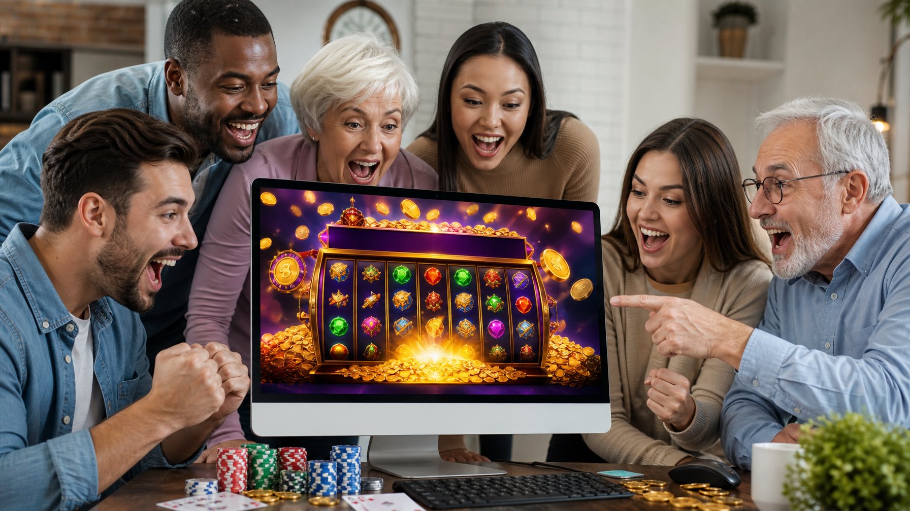 Orang-orang yang antusias bermain permainan jackpot progresif online di depan komputer dengan layar menampilkan permainan kasino berwarna cerah.