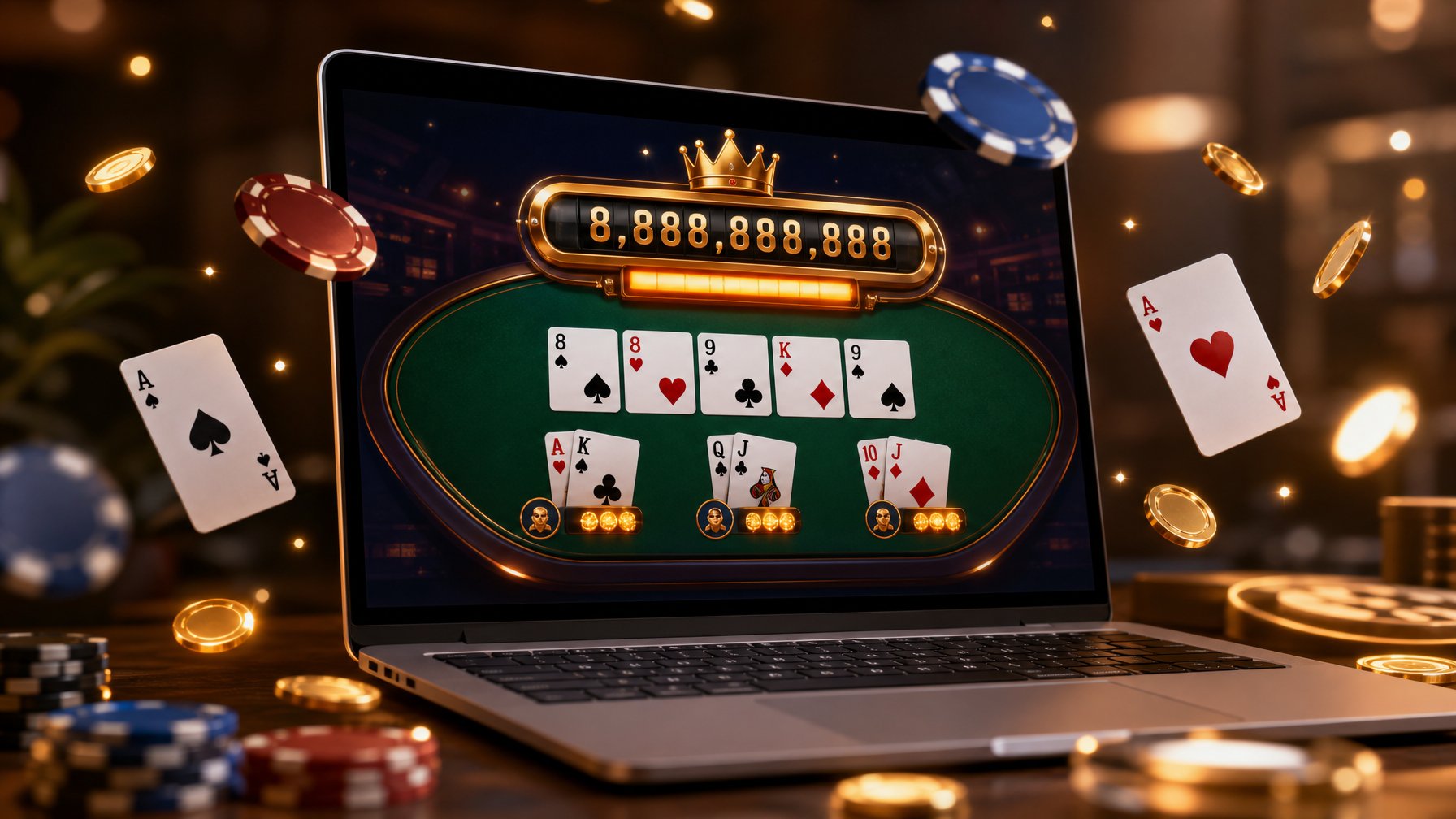 Seorang pengguna sedang bermain permainan kartu Ceme online di laptop dengan tampilan jackpot progresif yang meningkat di layar.