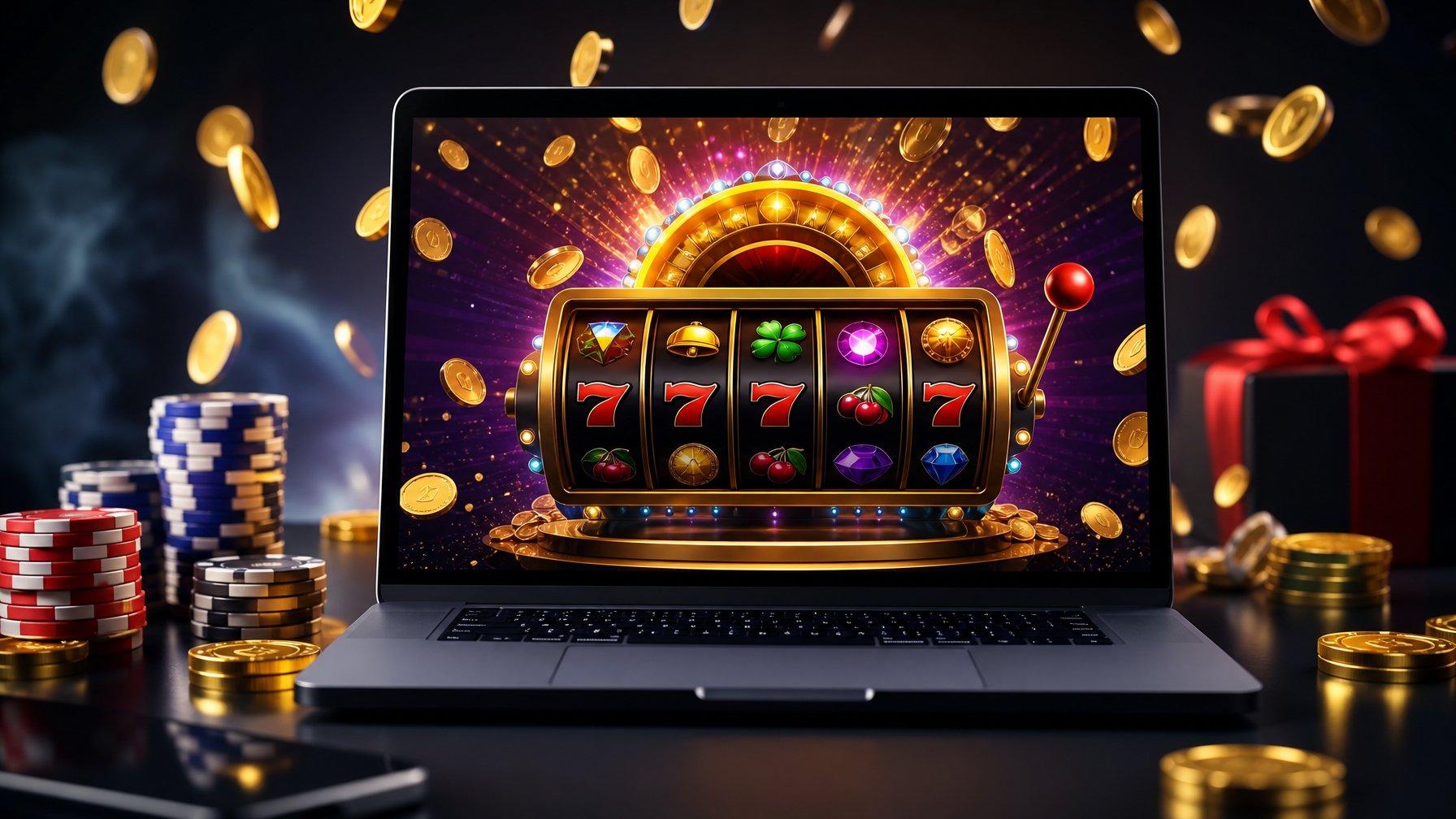 Sebuah komputer menampilkan permainan jackpot progresif online dengan koin dan simbol bonus yang berkilauan di sekitarnya.