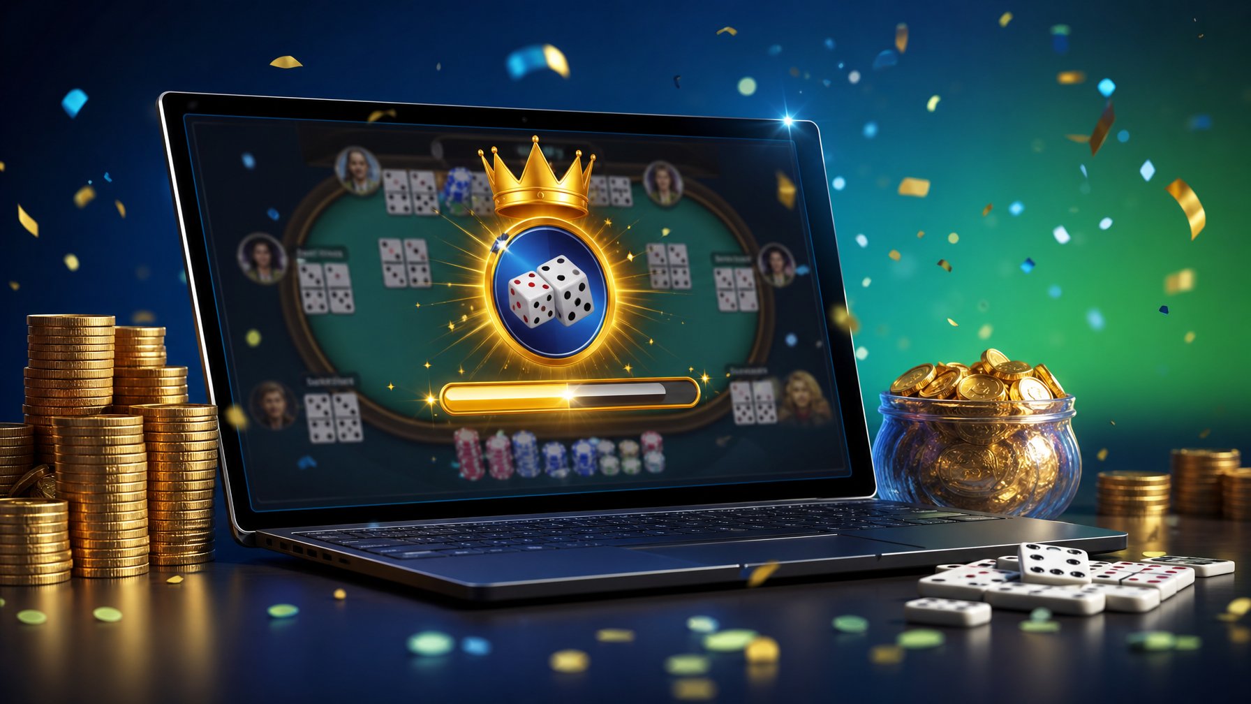 Seorang pemain menggunakan perangkat digital untuk bermain game Ceme online dengan ikon jackpot dan koin yang menampilkan peluang kemenangan besar.