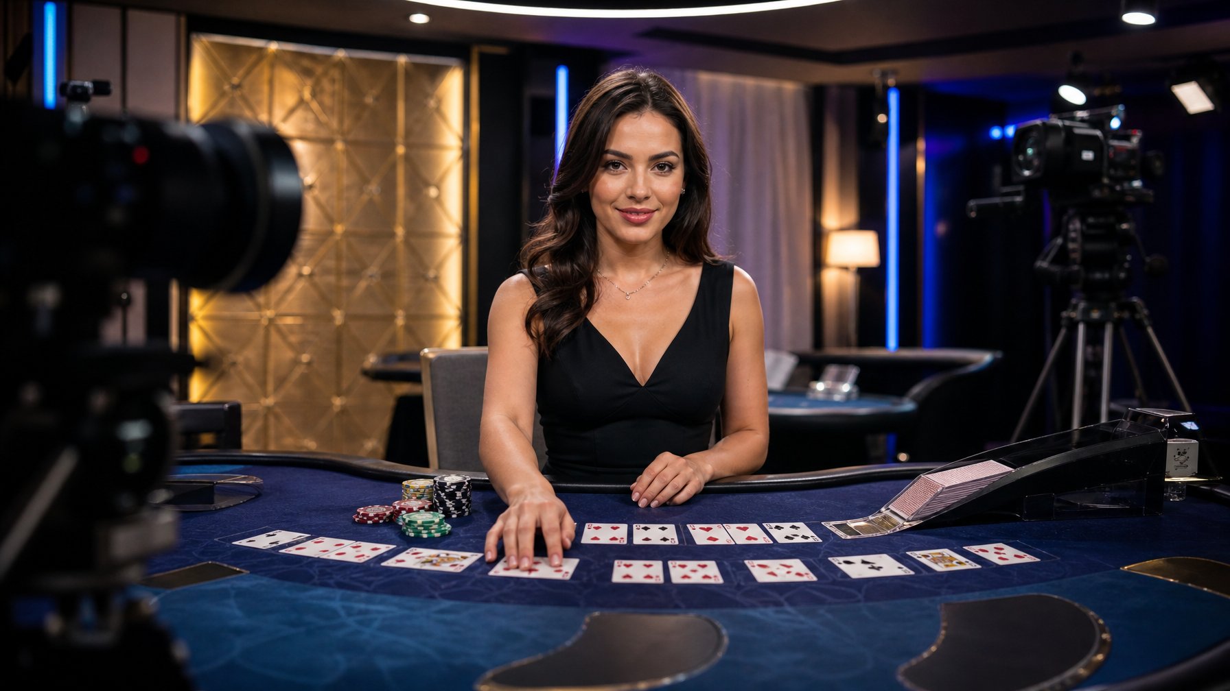Seorang dealer blackjack profesional duduk di meja permainan dengan kartu dan chip, di studio streaming modern dengan pencahayaan lembut.