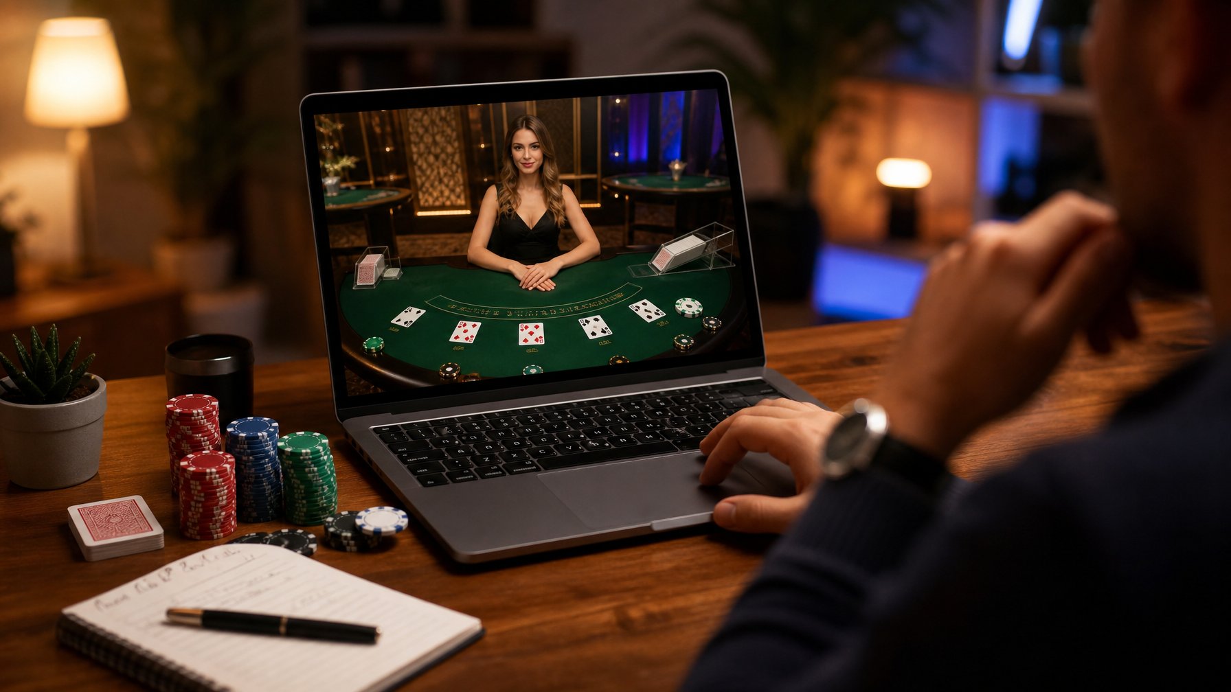 Seseorang sedang bermain blackjack dealer langsung secara online di laptop dengan kartu dan chip di meja.