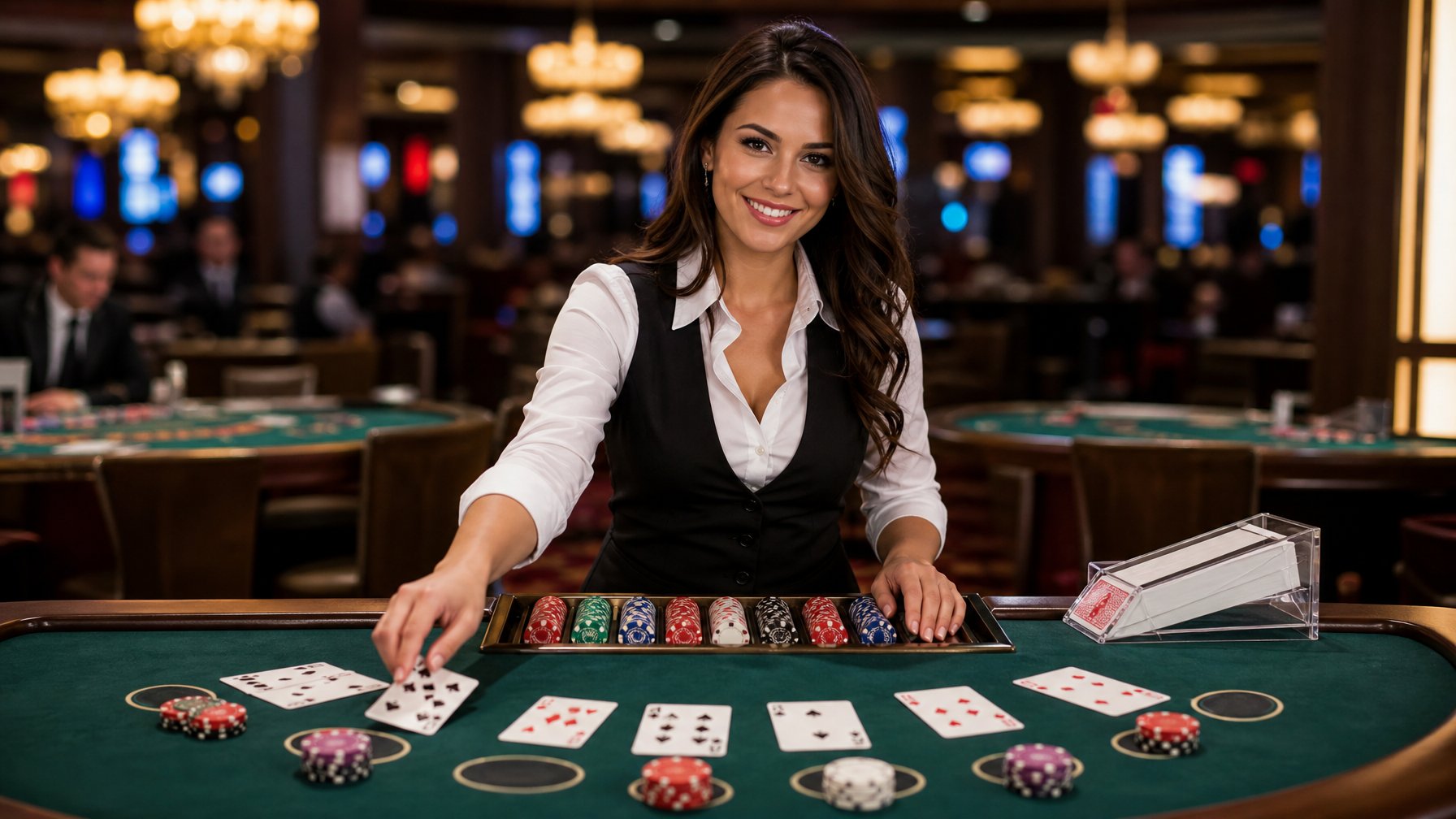 Seorang dealer wanita sedang membagikan kartu di meja blackjack hijau dengan chip poker di kasino yang terang dan ramai.