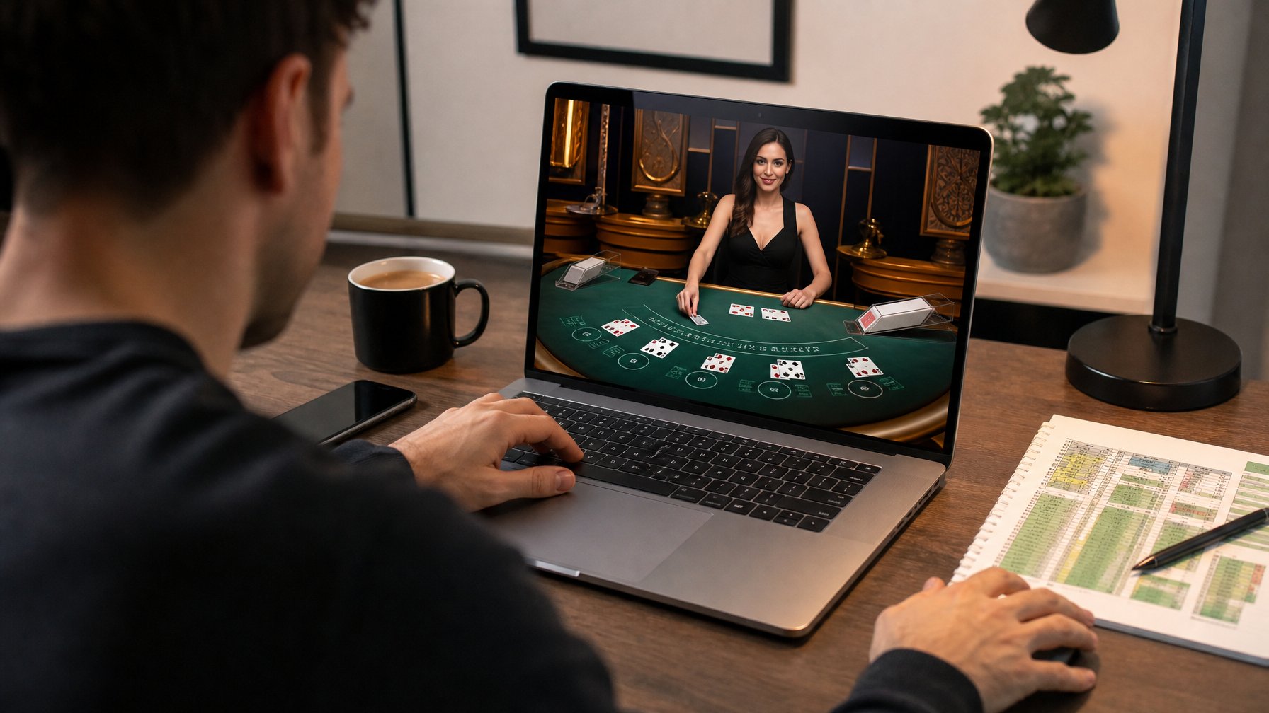 Seseorang sedang bermain blackjack dealer langsung secara online di laptop dengan dealer yang terlihat di layar, di sebuah ruangan yang terang dan rapi.