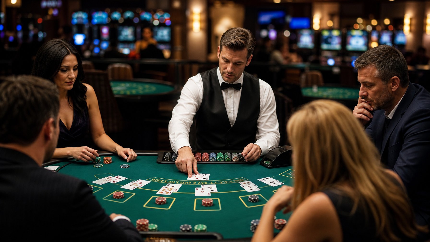 Seorang dealer membagikan kartu kepada pemain di meja blackjack dengan suasana kasino di latar belakang.