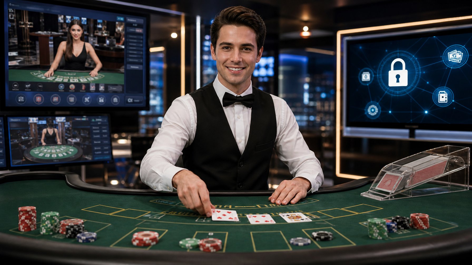 Seorang dealer profesional sedang membagikan kartu di meja blackjack dengan layar komputer menampilkan permainan blackjack online dan simbol transaksi aman di latar belakang.