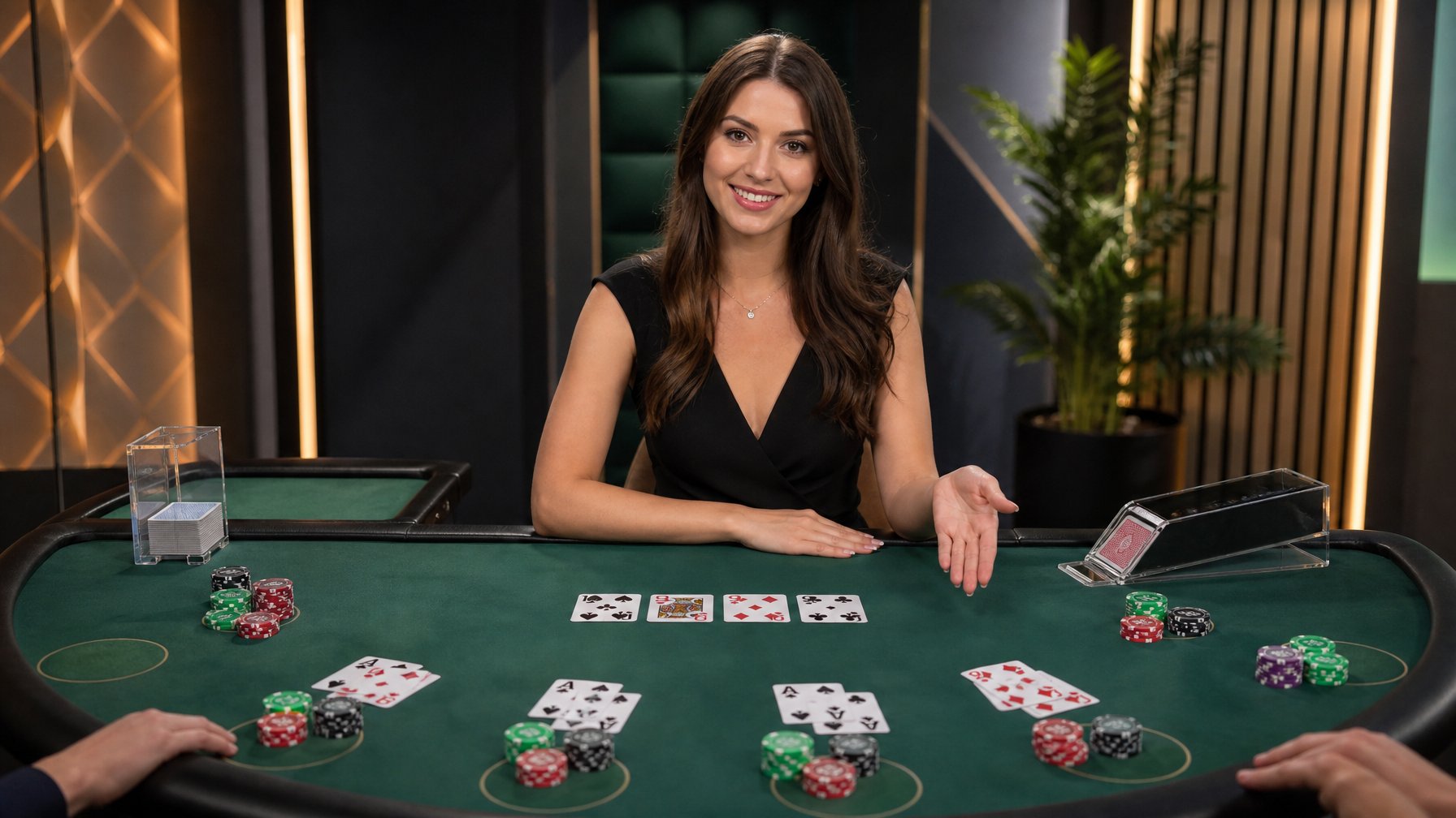 Seorang dealer blackjack live duduk di meja hijau dengan kartu dan tumpukan chip poker, di latar belakang terlihat suasana kasino online.