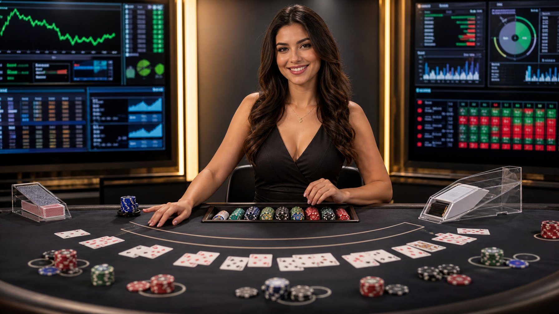 Seorang dealer wanita yang ramah duduk di meja blackjack dengan kartu dan chip, di latar belakang layar komputer menampilkan statistik permainan secara real-time.